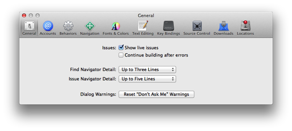 Xcode 5 Issue Navigator Prefs